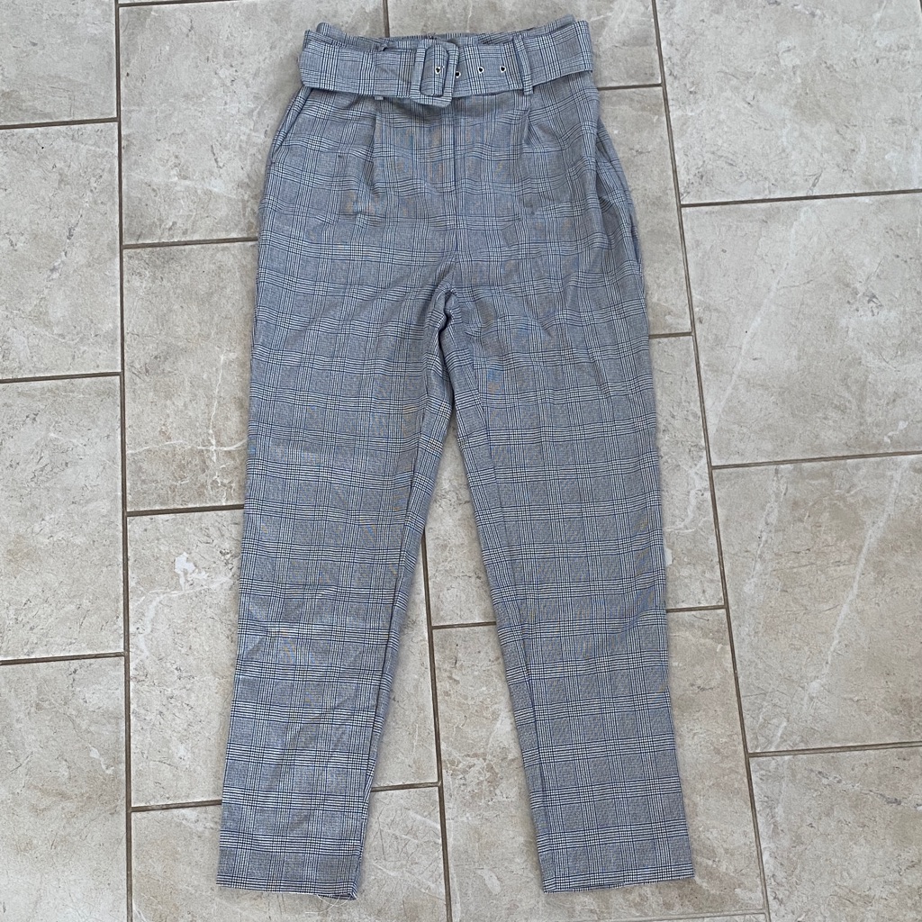 M&S Black White Grey Blue Tartan Belted Trousers